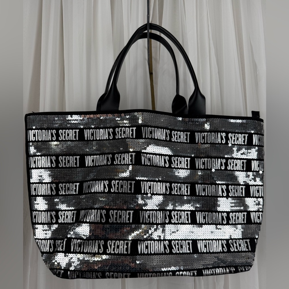 Victoria’s Secret Sequin Tote Black Silver Logo Large Zip Shoulder Bag